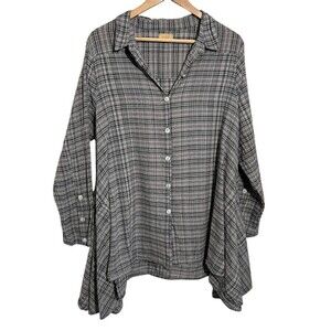 Tulip Brand Tunic Button Down Shirt L Black White Lagenlook Long Sleeve Collar